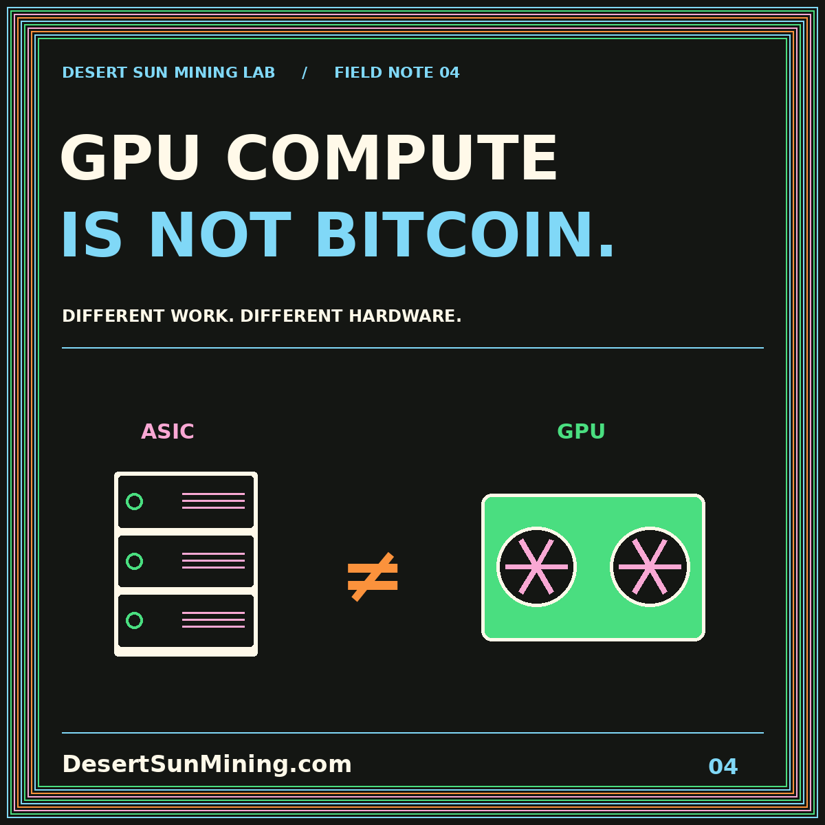 GPU Compute Is Not Bitcoin typography comparing a specialized server with a graphics card.