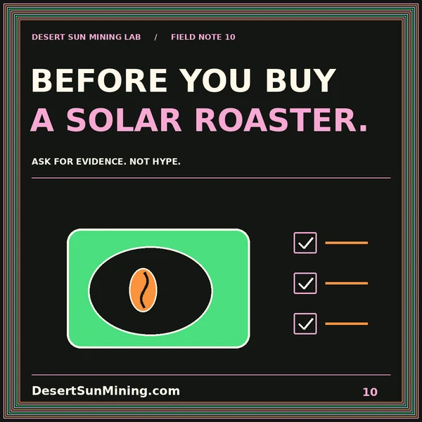 Before You Buy a Solar Roaster typography with a roasting drum and a three-item checklist.