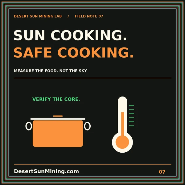 Sun Cooking, Safe Cooking typography with a pot and a prominent food thermometer.