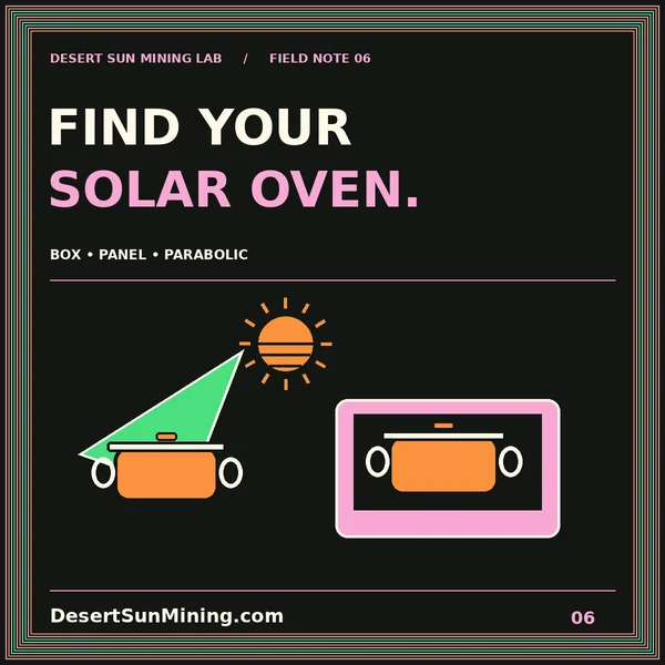 Find Your Solar Oven typography with a reflector cooker and an insulated box cooker.
